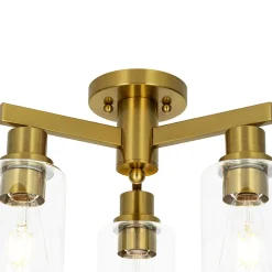 Brass 3-Light Clear Glass Cylinder Semi Flush Mount
