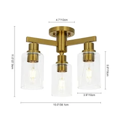 Brass 3-Light Clear Glass Cylinder Semi Flush Mount