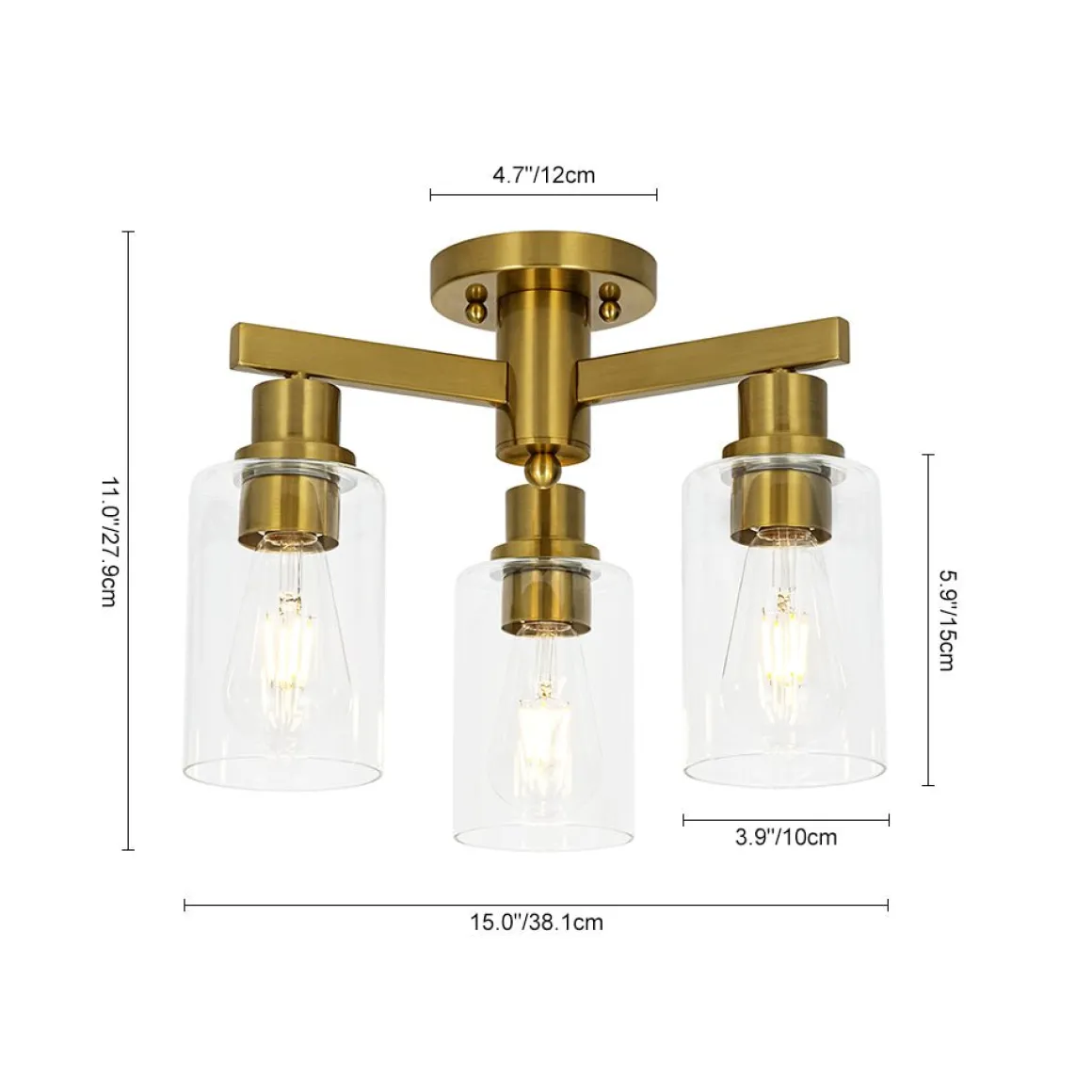 Brass 3-Light Clear Glass Cylinder Semi Flush Mount