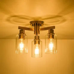 Brass 3-Light Clear Glass Cylinder Semi Flush Mount