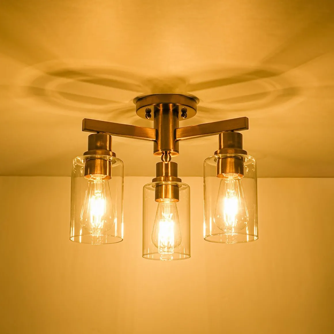 Brass 3-Light Clear Glass Cylinder Semi Flush Mount