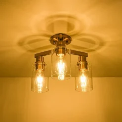 Brass 3-Light Clear Glass Cylinder Semi Flush Mount