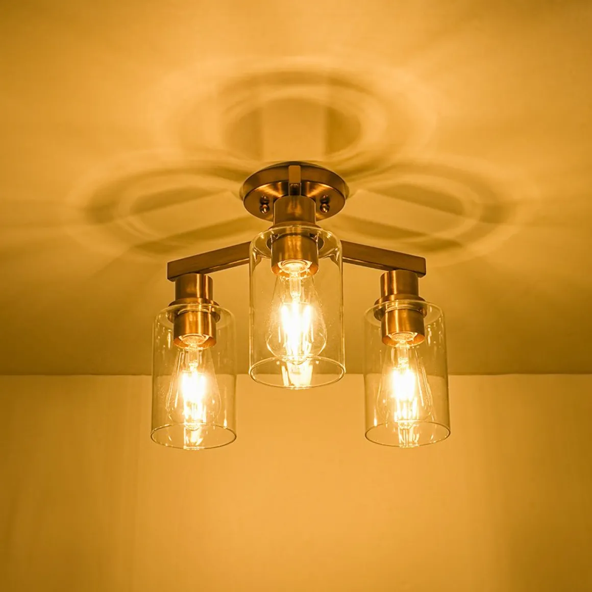 Brass 3-Light Clear Glass Cylinder Semi Flush Mount