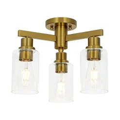 Brass 3-Light Clear Glass Cylinder Semi Flush Mount