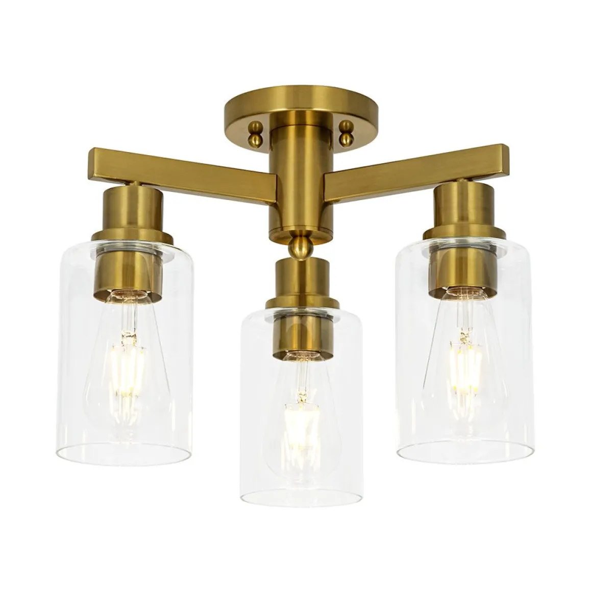 Brass 3-Light Clear Glass Cylinder Semi Flush Mount