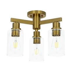 Brass 3-Light Clear Glass Cylinder Semi Flush Mount