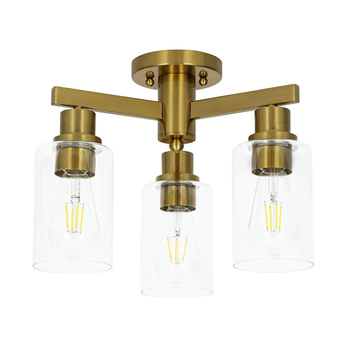 Brass 3-Light Clear Glass Cylinder Semi Flush Mount