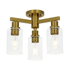 Brass 3-Light Clear Glass Cylinder Semi Flush Mount