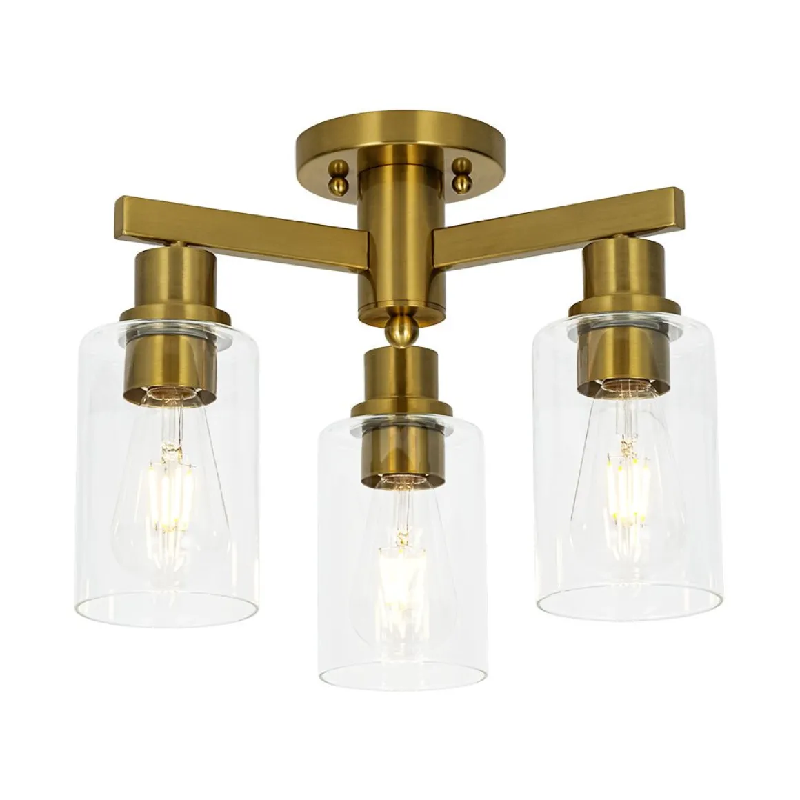 Brass 3-Light Clear Glass Cylinder Semi Flush Mount