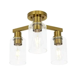 Brass 3-Light Clear Glass Cylinder Semi Flush Mount
