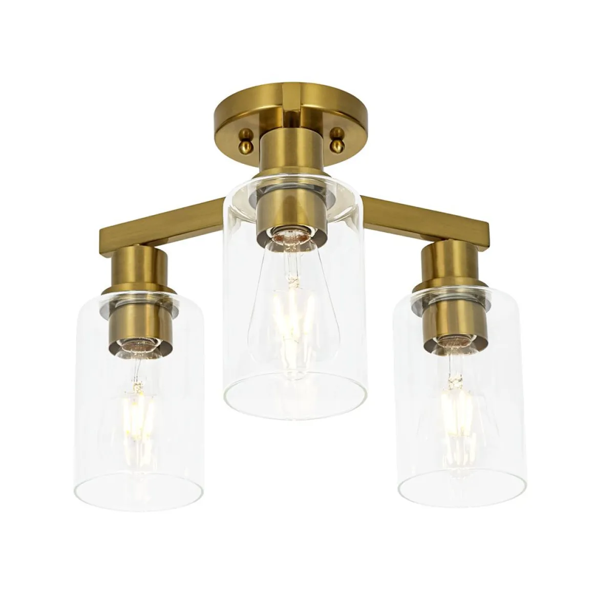 Brass 3-Light Clear Glass Cylinder Semi Flush Mount