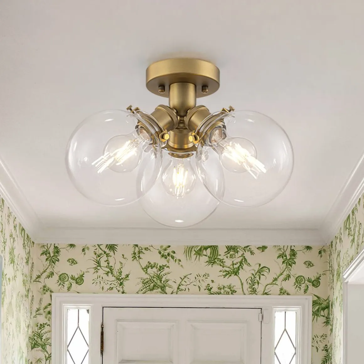 Brass 3-Light Clear Glass Glass Globe Ceiling Light