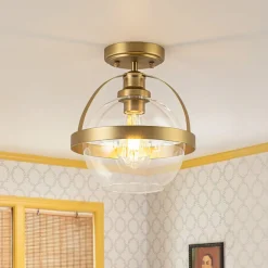 Brass 1-Light Clear Glass Sphere Globe Semi-Flush Mount