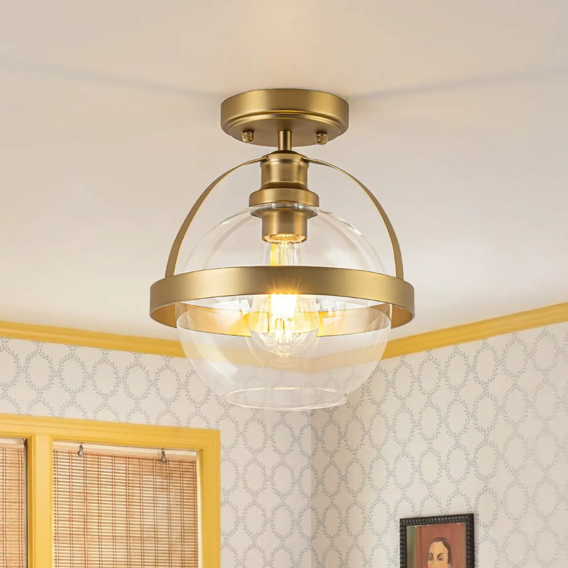 Brass 1-Light Clear Glass Sphere Globe Semi-Flush Mount