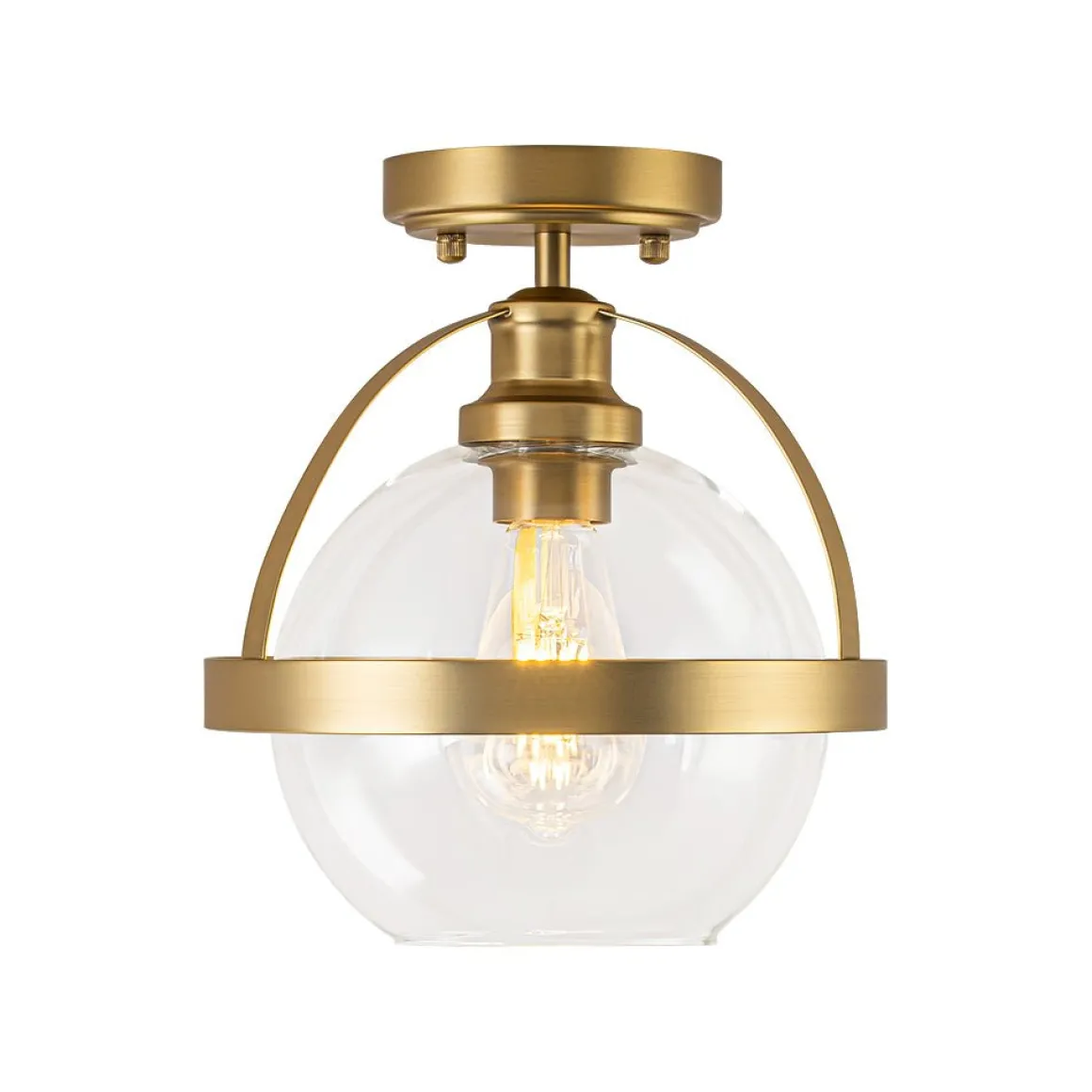 Brass 1-Light Clear Glass Sphere Globe Semi-Flush Mount