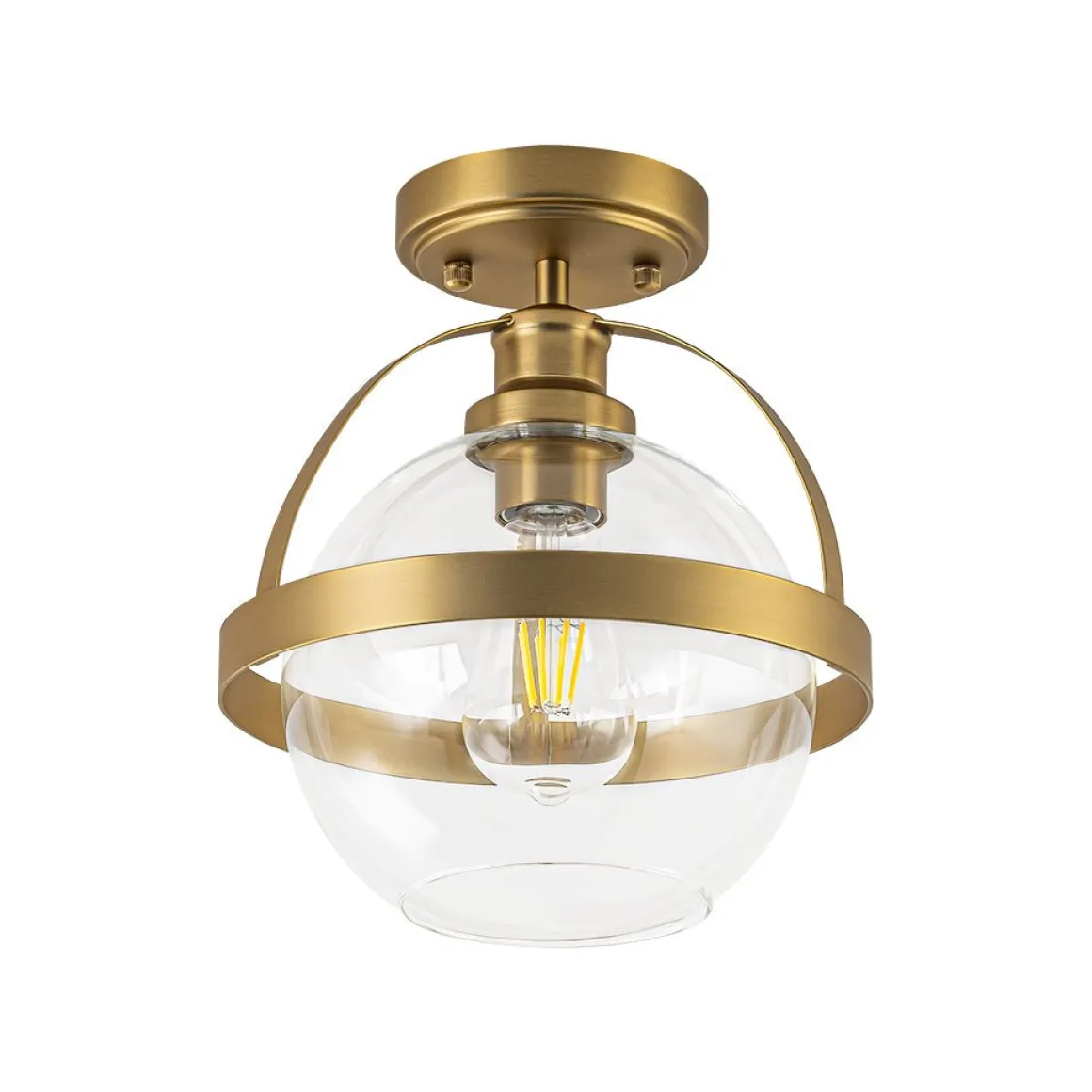 Brass 1-Light Clear Glass Sphere Globe Semi-Flush Mount