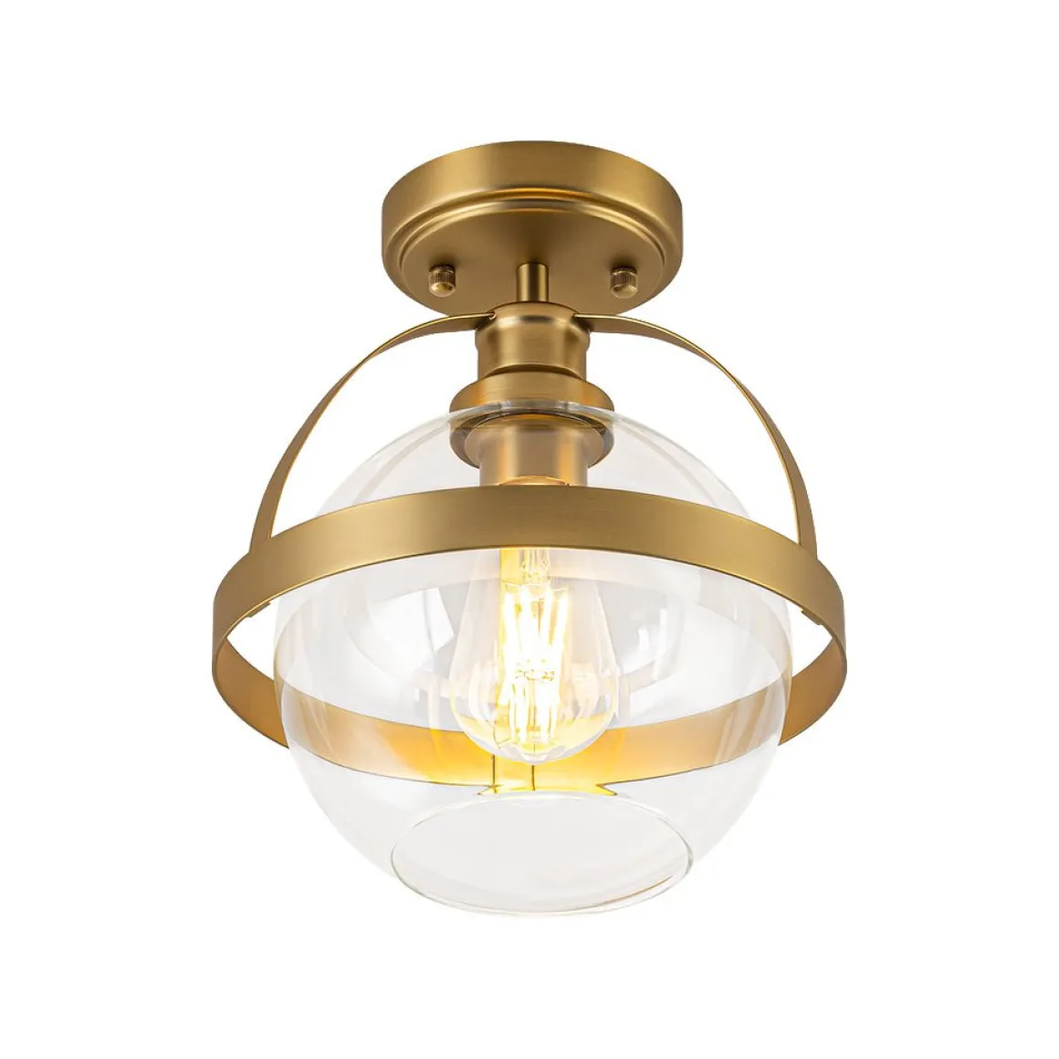 Brass 1-Light Clear Glass Sphere Globe Semi-Flush Mount