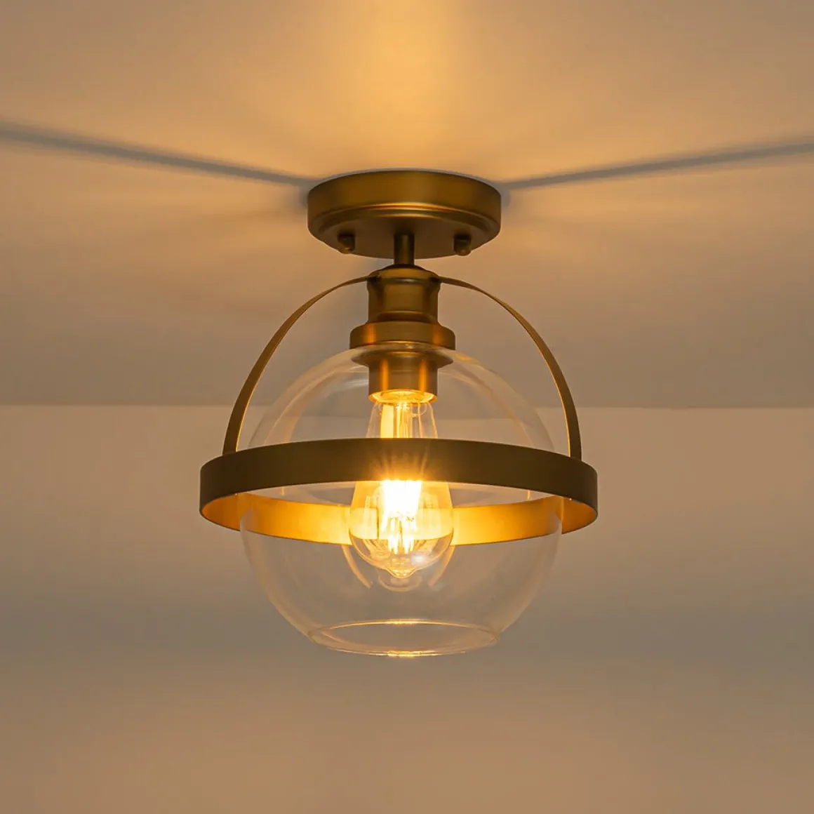 Brass 1-Light Clear Glass Sphere Globe Semi-Flush Mount