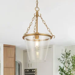 Brass 1-Light Clear Textured Glass Conical Cage Pendant