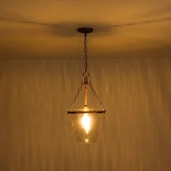 Brass 1-Light Clear Textured Glass Conical Cage Pendant