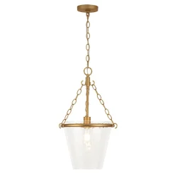 Brass 1-Light Clear Textured Glass Conical Cage Pendant