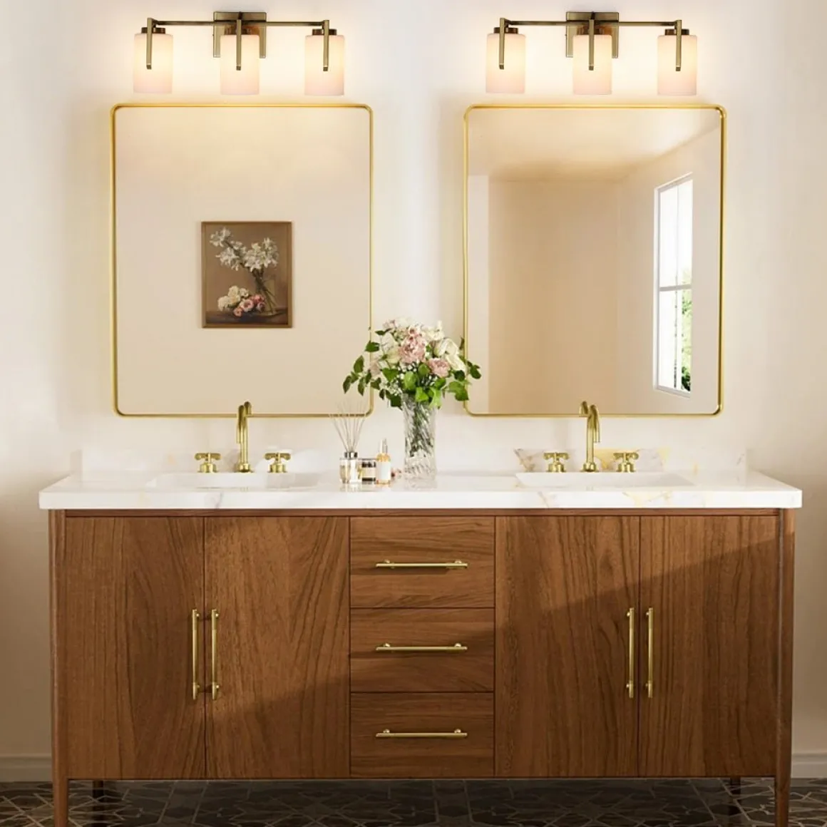 Brass 3-Light Frosted Glass Cylindrical Shade Vanity Wall Sconce