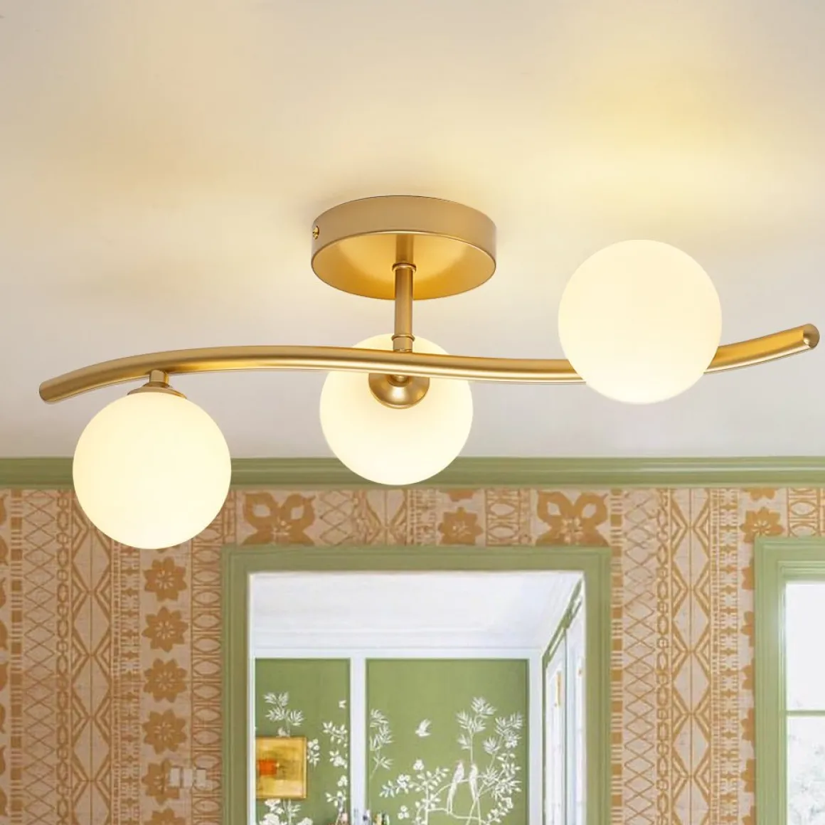 Brass 3-Light Frosted Glass Globe Semi Flush Wall Lamp