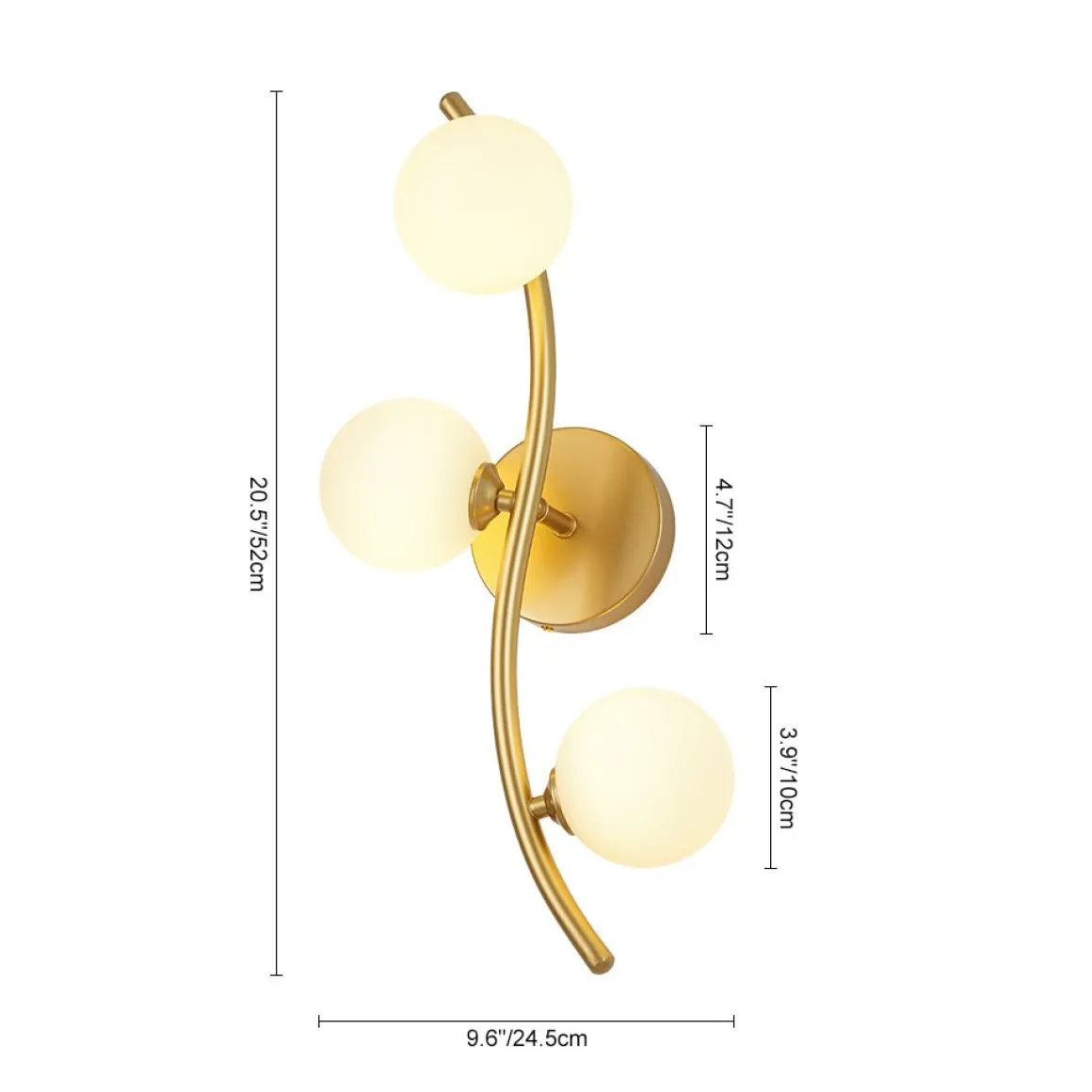 Brass 3-Light Frosted Glass Globe Semi Flush Wall Lamp
