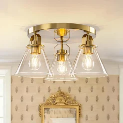 Brass 3-Light Glass Conical Shade Round Ceiling Light