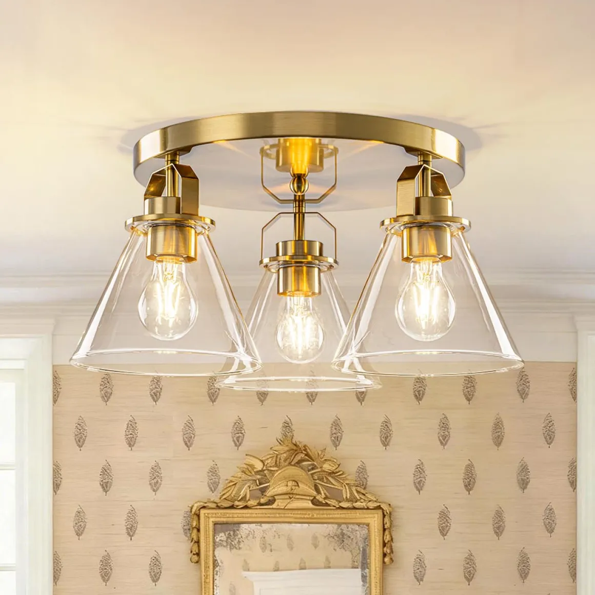Brass 3-Light Glass Conical Shade Round Ceiling Light