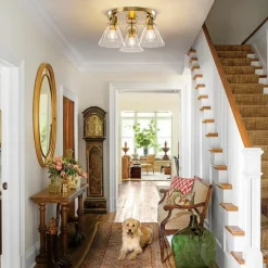 Brass 3-Light Glass Conical Shade Round Ceiling Light