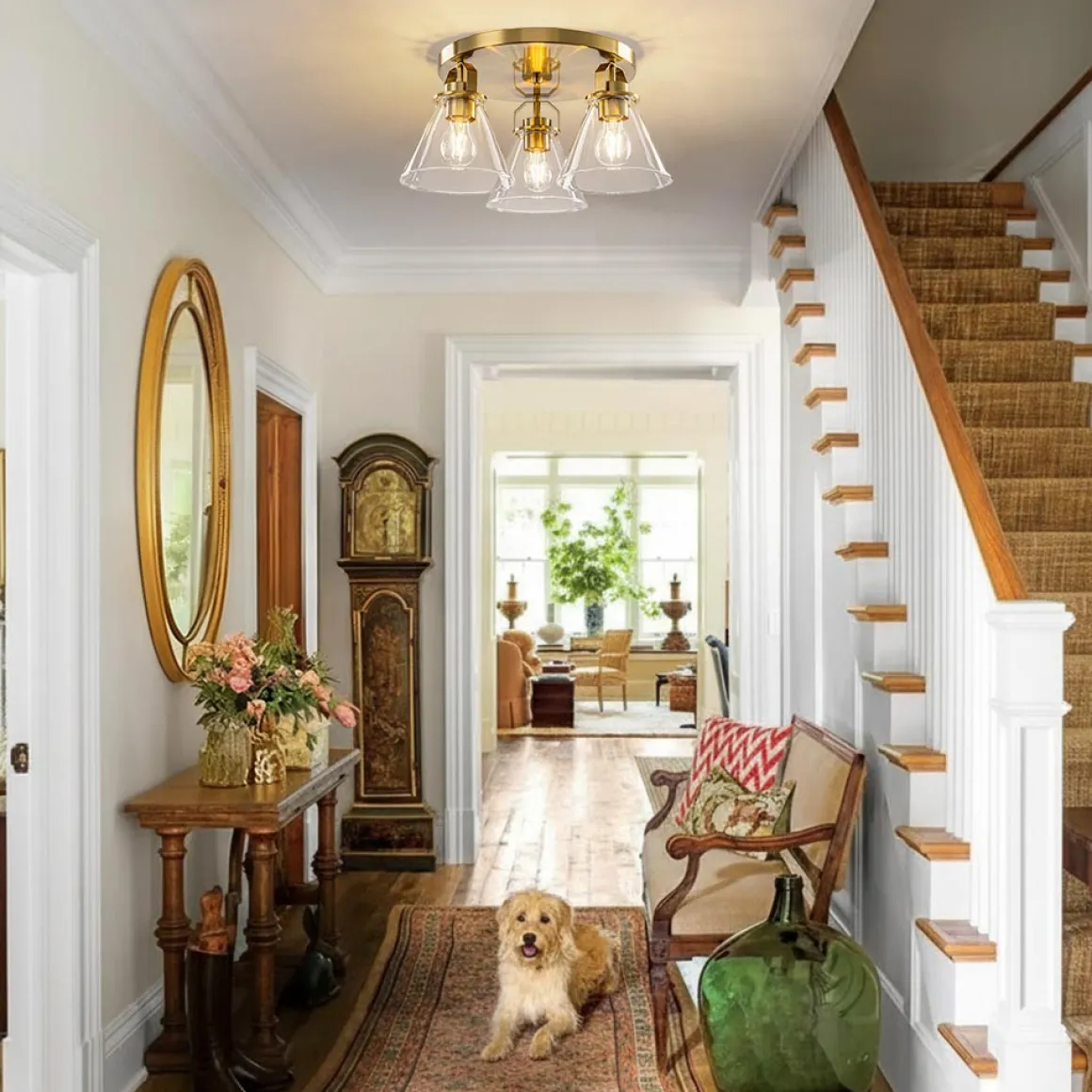 Brass 3-Light Glass Conical Shade Round Ceiling Light