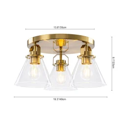 Brass 3-Light Glass Conical Shade Round Ceiling Light