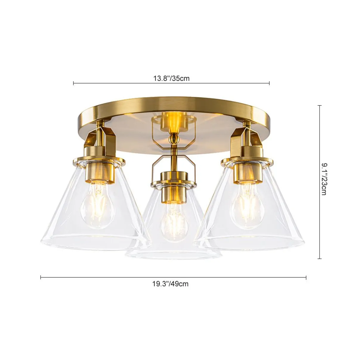 Brass 3-Light Glass Conical Shade Round Ceiling Light