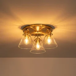 Brass 3-Light Glass Conical Shade Round Ceiling Light