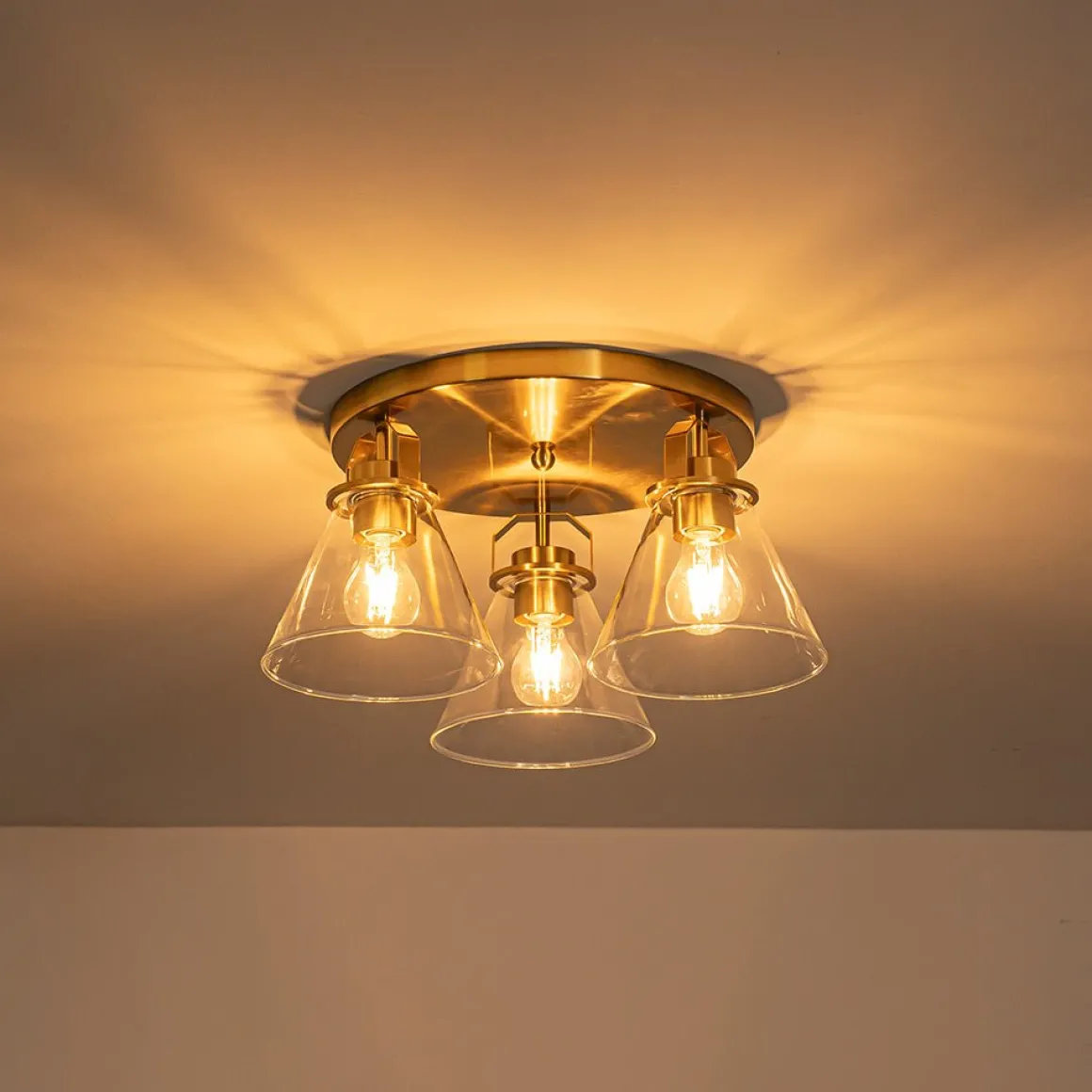 Brass 3-Light Glass Conical Shade Round Ceiling Light