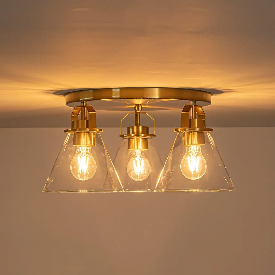 Brass 3-Light Glass Conical Shade Round Ceiling Light