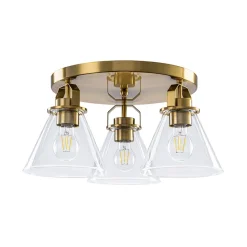 Brass 3-Light Glass Conical Shade Round Ceiling Light