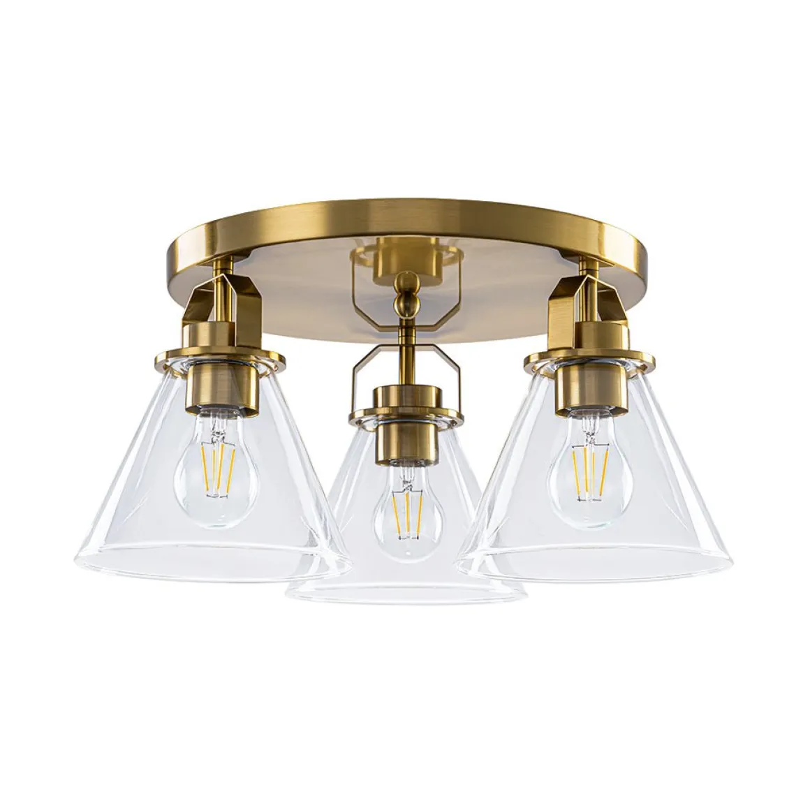 Brass 3-Light Glass Conical Shade Round Ceiling Light