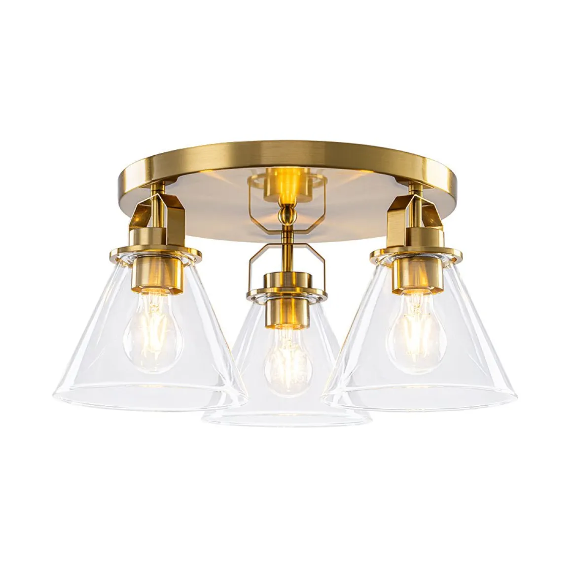 Brass 3-Light Glass Conical Shade Round Ceiling Light