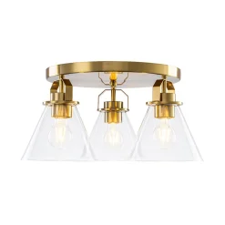 Brass 3-Light Glass Conical Shade Round Ceiling Light