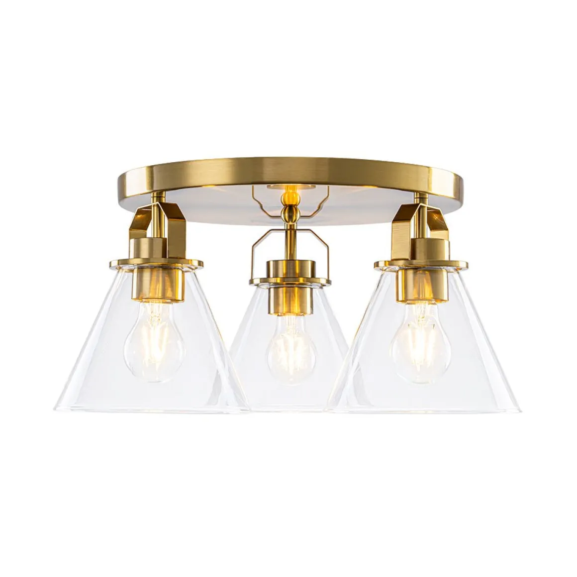 Brass 3-Light Glass Conical Shade Round Ceiling Light