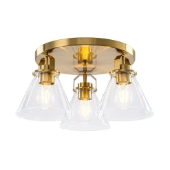 Brass 3-Light Glass Conical Shade Round Ceiling Light