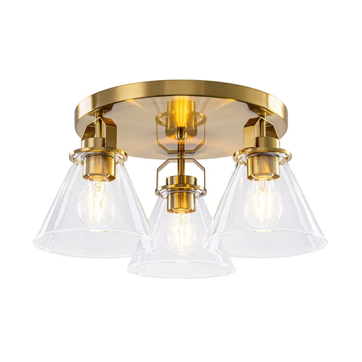 Brass 3-Light Glass Conical Shade Round Ceiling Light