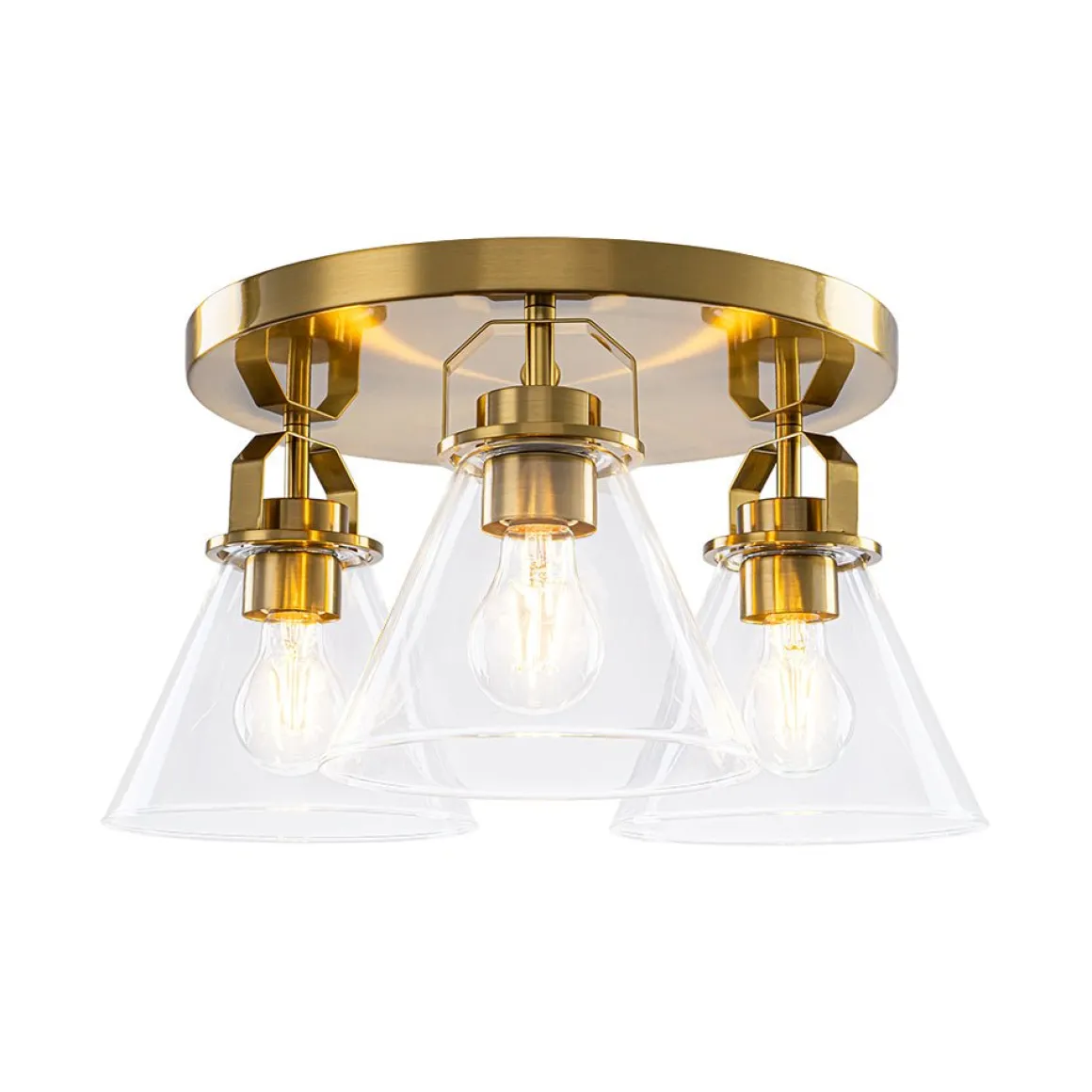 Brass 3-Light Glass Conical Shade Round Ceiling Light