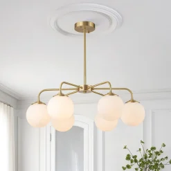 Brass 6-Light Milky White Globe Round Chandelier