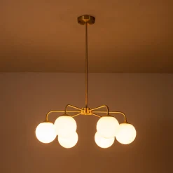Brass 6-Light Milky White Globe Round Chandelier
