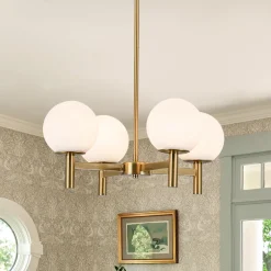Brass 4-Light Opal Glass Globe Round Sputnik Chandelier