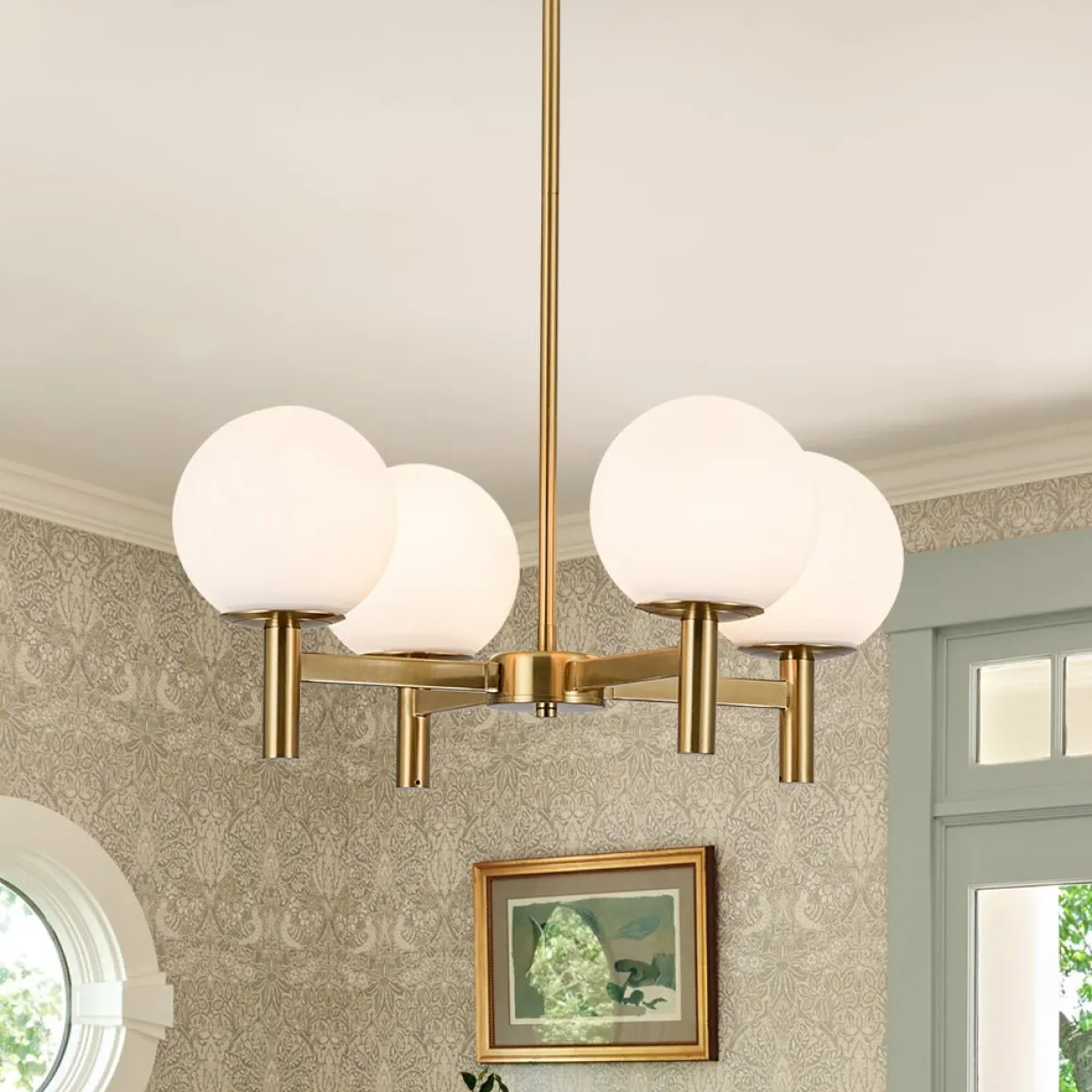 Brass 4-Light Opal Glass Globe Round Sputnik Chandelier