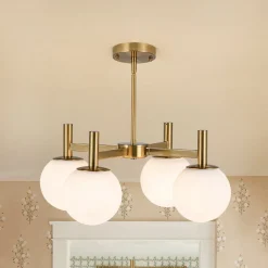 Brass 4-Light Opal Glass Globe Round Sputnik Chandelier